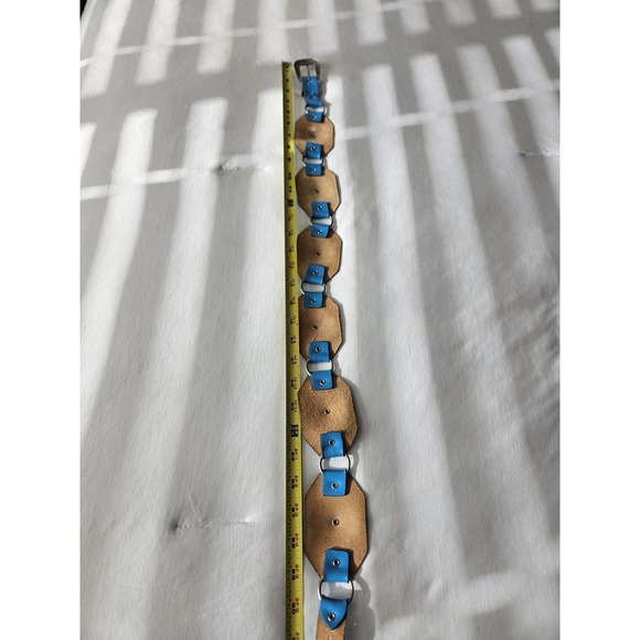 Vtg Blue Leather Octagon Concho Western Boho Hippie Silver Buckle Belt - Picture 8 of 11